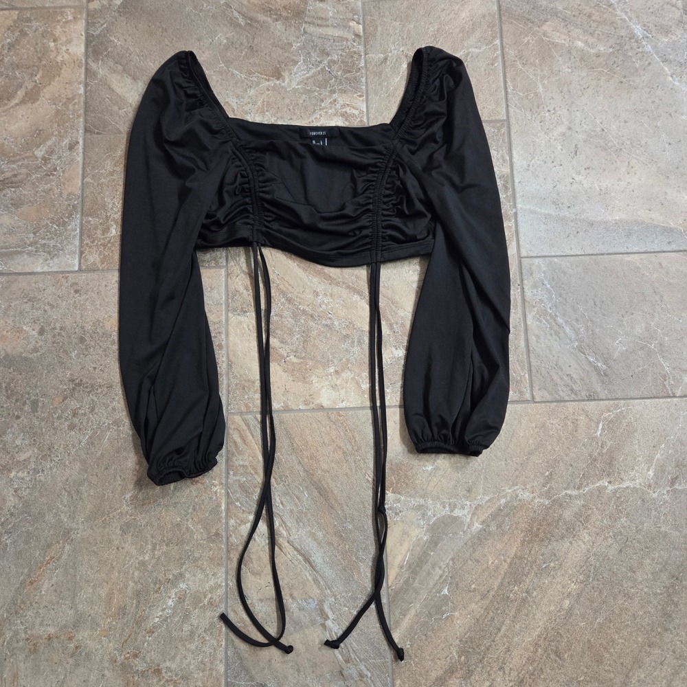 FOREVER 21‎ Black Ruched Drawstring Long Sleeve Crop Top Shirt Womens L Boho